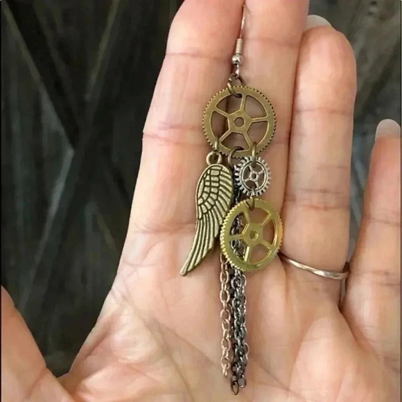 Steampunk Cosplay Wing Gear Bronze Copper Silver Gold Earrings Handmade NWT - Picture 2 of 3